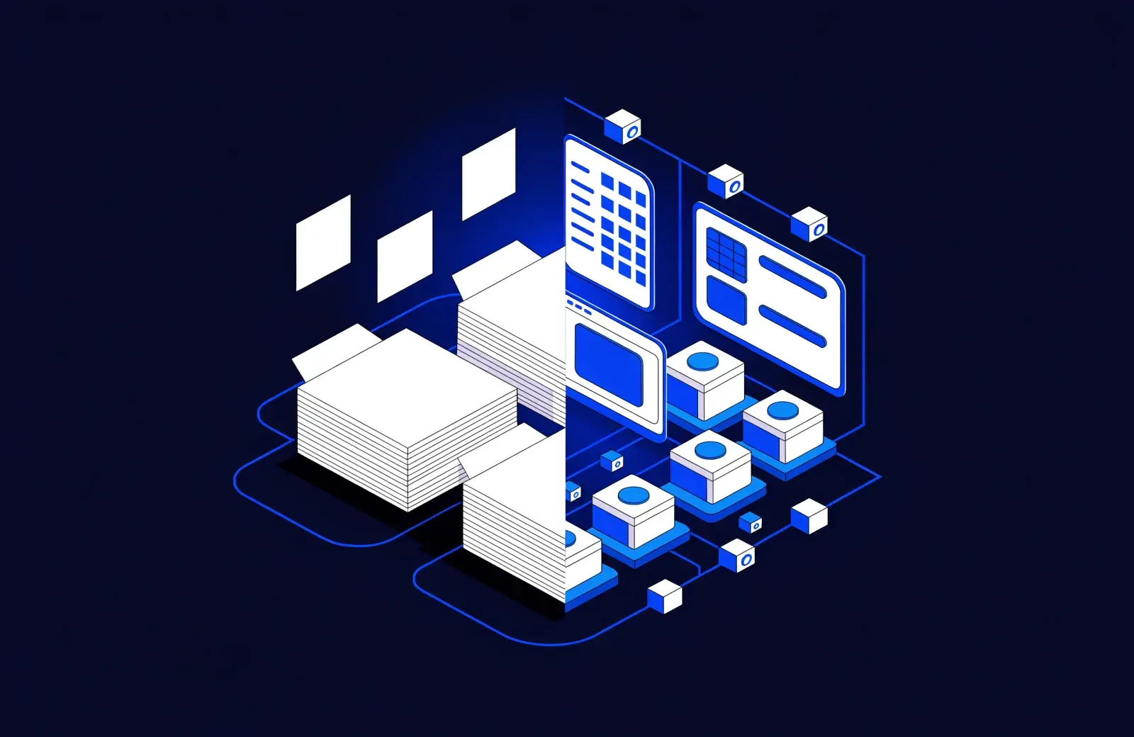 Servicios de Transformación Digital Equipo de trabajo implementando transformación digital con pantallas de datos y análisis